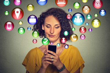 communication technology mobile phone tech concept. Annoyed woman using smartphone 