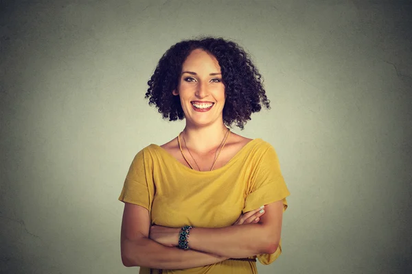 Happy smiling woman in yellow dress — Stok fotoğraf