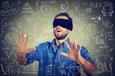 Blindfolded young business man searching walking through social media financial data plan clipart