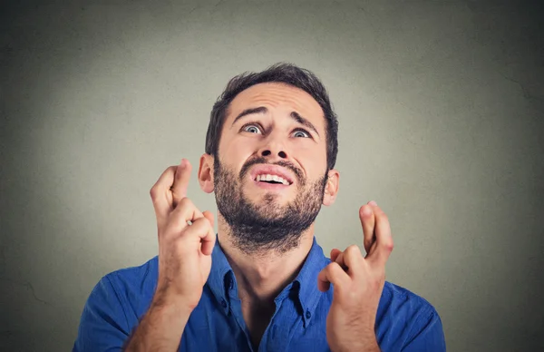 Young funny guy, business man crossing fingers, wishing, hoping for best — Φωτογραφία Αρχείου