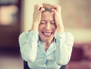 stressed crying screaming woman in corporate office. Urban life style job stress