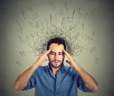 sad young man with worried stressed face expression and brain melting into lines 