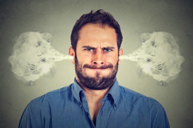 ngry young man, blowing steam coming out of ears