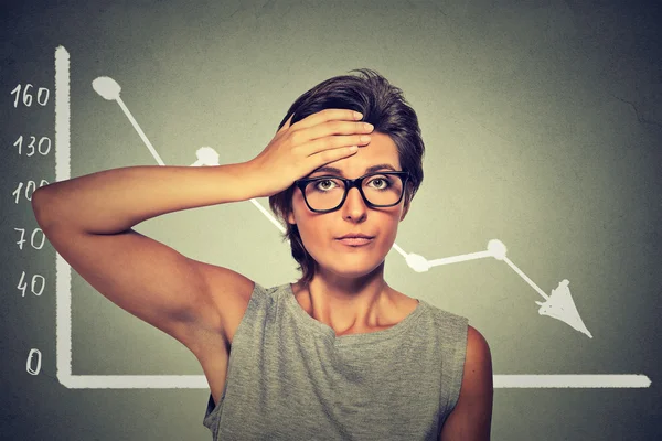 Stressed shocked woman in glasses with financial market chart graphic going down — Stockfoto