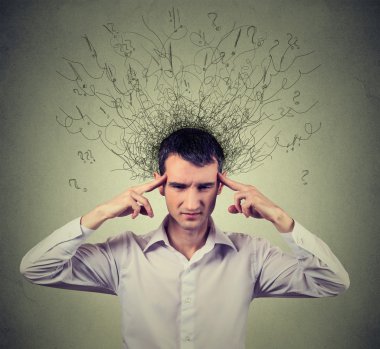 sad young man with worried stressed face expression and brain melting into lines 