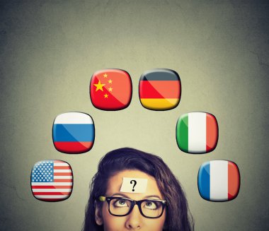  Foreign language studying process. Woman with question mark icons of international flags above head