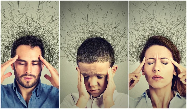 Üzgün kadın, erkek ve çocuk endişe ile yüz ifadesi ve satırları soru işaretleri beyin eritme vurguladı