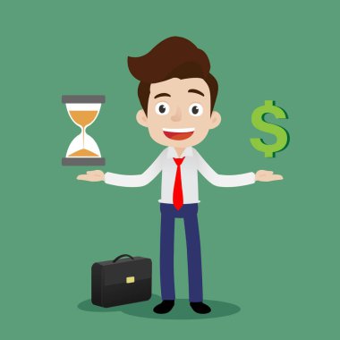 İş adamı ayakta duruyor ve zaman ve para arasında bir denge kurmaya çalışıyor.