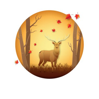 Kağıt sanatı ve dijital zanaat stili. Sonbahar mevsimi boyunca ormanda kızıl geyik.