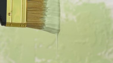Kalın yeşil boya damlası yavaşça beyaz su birikintisine düşer. Yavaş çekim sanatsal görüntüler, kağıt, tabak ya da masaya dökülen boyalar. Sanat evi endüstriyel dekor konsepti