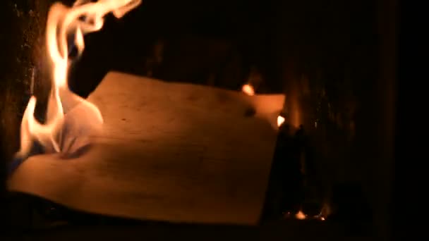 燃烧着的炽热的火焰温暖着燃烧着木头圆木 书籍手稿的旧壁炉 — 图库视频影像
