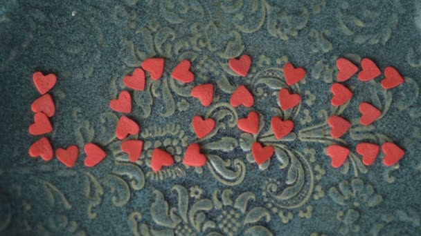 Red Scarlet Heart Figure Sugar Confetti Laid Shape Word Love — Stock Video