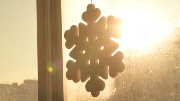 Hermosos Cristales Hielo Helados Forma Copo Nieve Ventana Con Fondo — Vídeos de Stock