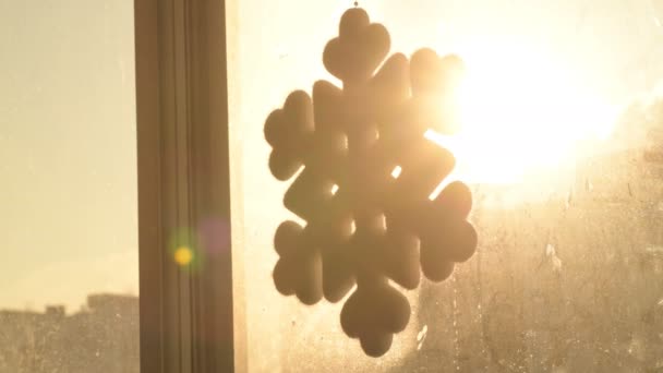 Hermosos Cristales Hielo Helados Forma Copo Nieve Ventana Con Fondo — Vídeos de Stock