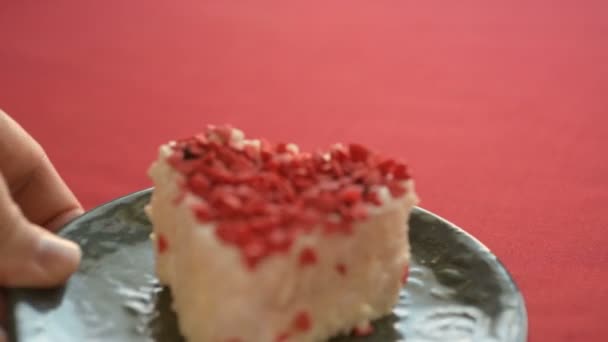 Heart Shaped Cake Placed Red Tablecloth Romantic Love Affection Saint — Stock Video