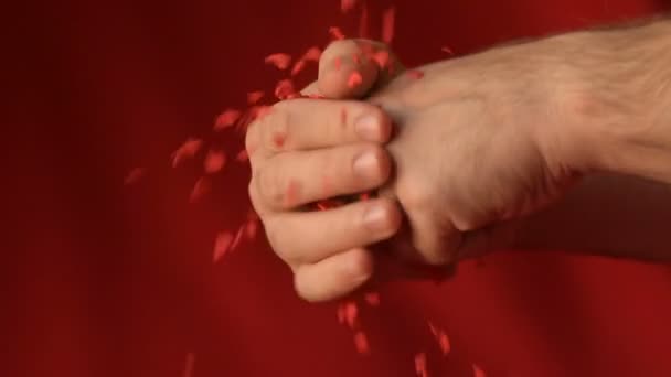 Corazón Rojo Escarlata Forma Confeti Azúcar Desmoronándose Cayendo Las Manos — Vídeo de stock