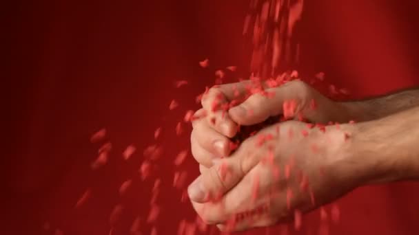Czerwone Szkarłatne Konfetti Kształcie Serca Kruszy Się Spada Męskie Ręce — Wideo stockowe