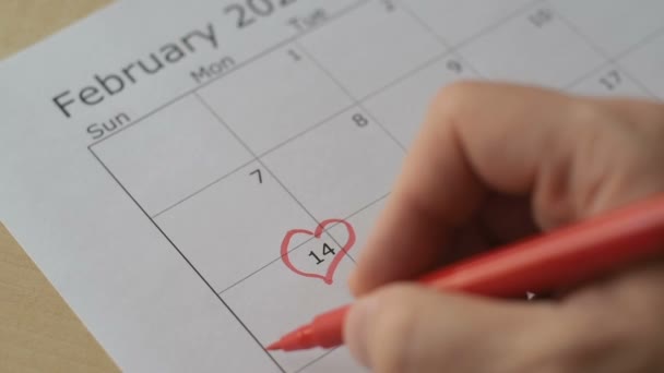 2月14日 圣瓦伦丁节这天 在日历上用红色记号圈着 写着爱 浪漫的爱情和节日准备设计理念 — 图库视频影像