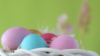 Pembe, altın ve yeşil renkte renkli Paskalya yumurtaları pembe ve mor sümbül çiçekleriyle bulanık yeşil arka planda dönen samanların üzerinde yatar. Bahar Hıristiyan bayramı tasarım konsepti
