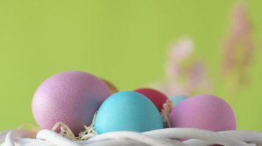 Pembe, altın ve yeşil renkte renkli Paskalya yumurtaları pembe ve mor sümbül çiçekleriyle bulanık yeşil arka planda dönen samanların üzerinde yatar. Bahar Hıristiyan bayramı tasarım konsepti