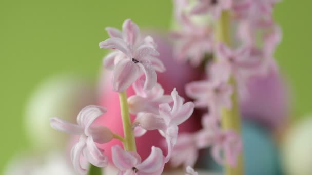 Färgglada Påskägg Rosa Gyllene Och Grön Färg Ligger Halm Snurrar — Stockvideo