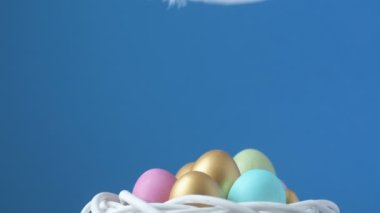 Renkli paskalya yumurtalarının üstüne tüy düşüyor. Pembe, altın ve yeşil renkli renkli yumurtalar bulanık açık yeşil arka planda yatar. Yukarıdan bir tüy düşüyor. Bahar Hıristiyan bayramı tasarım konsepti