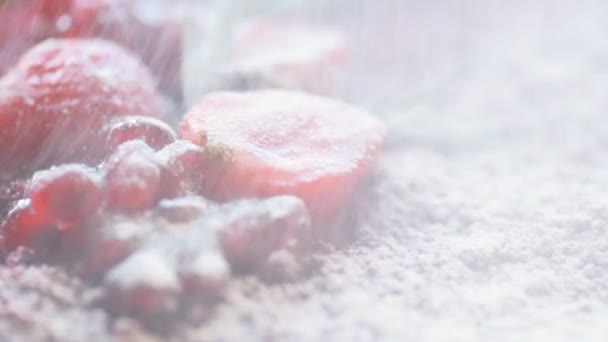 マルサラチョコレートムースケーキ ザクロで飾られた イチゴ ローズマリーと砂糖の粉 ゆっくりと回転し スローモーションで砂糖の粉を振りかける取得 美しい食感ケーキ トップビューを閉じるマクロ — ストック動画