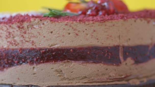 ザクロ イチゴ ローズマリー 粉砂糖で装飾されたマルサラチョコレートムースケーキは 黄色の背景に回転します ケーキの美しい食感 — ストック動画