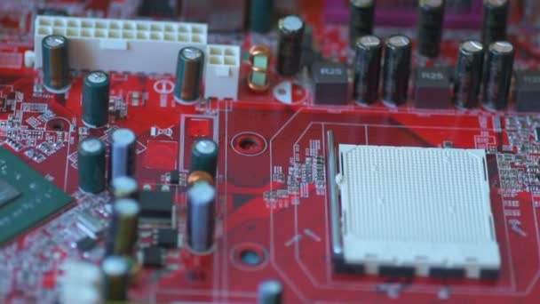 Bright Red Board Microcircuits Chips Diodes Moves Slow Motion — Stock Video