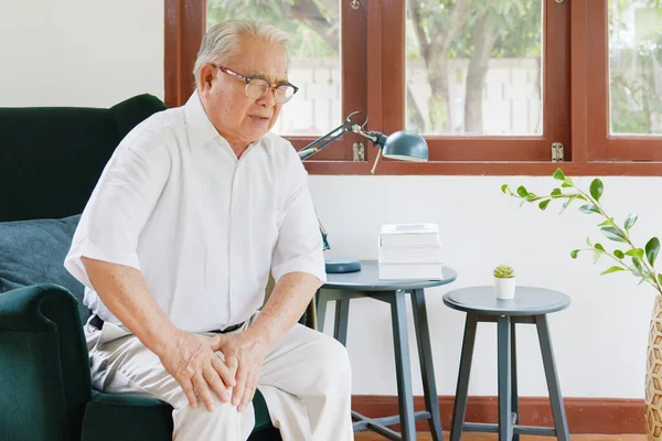 Old Asian Senior Man Feel Pain Ache Hurt Knee While Stock Picture