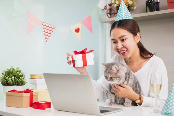 Asian Woman Giving Gift Present Friends Family Video Call Conference Stock Image
