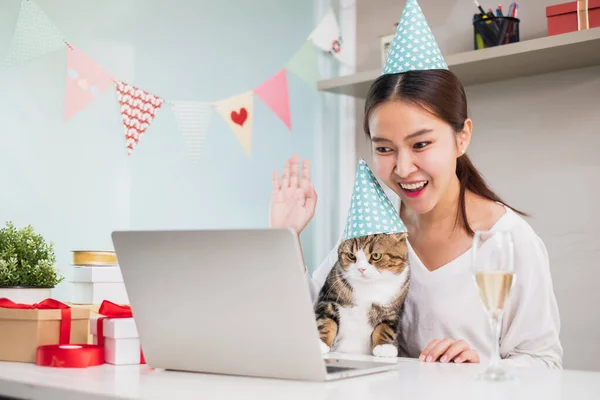 Asian Woman Cute Cat Enjoy Celebrating Waving Party Video Call Stock Picture