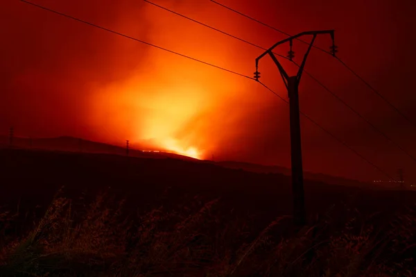Yeşil çam ağaçlarının arasından gökyüzüne yükselen bir orman yangınından çıkan büyük bir duman sütunu dramatik bir manzara. Galiçya, İspanya 'da çevre felaketi, iklim değişikliği ve yaz yangınları kavramı