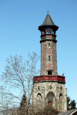 Bir ağaç ve mavi gökyüzünün arka planında Stepanka gözcü kulesi