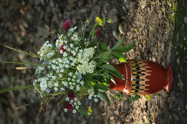 Balkan seramik vazosunun içinde çimlerin üzerinde bir buket çayır bitkisi var.