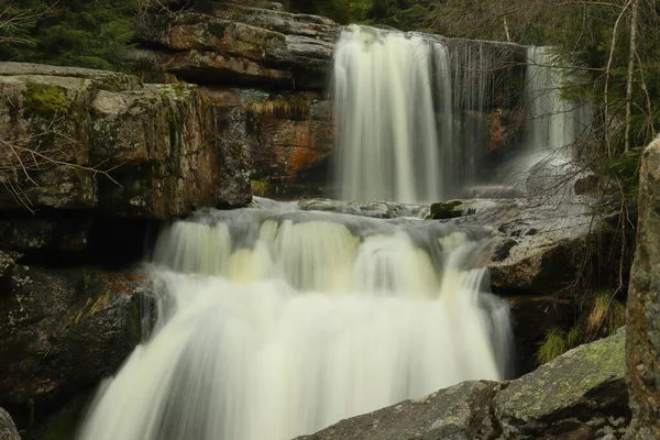 Ormandaki küçük bir derede şelaleler. Jedlov Jizera Dağlarında.