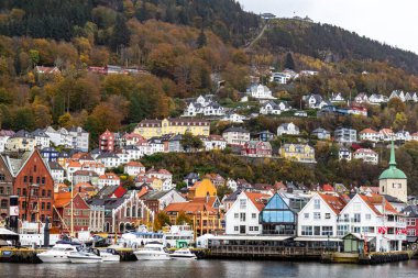 Bergen 'deki renkli yamaçlı evler. Katmanlı çatılar ve canlı cepheler cazibe ve atmosferle dolu klasik bir İskandinav şehri yaratıyor. Norveç 'te sonbahar