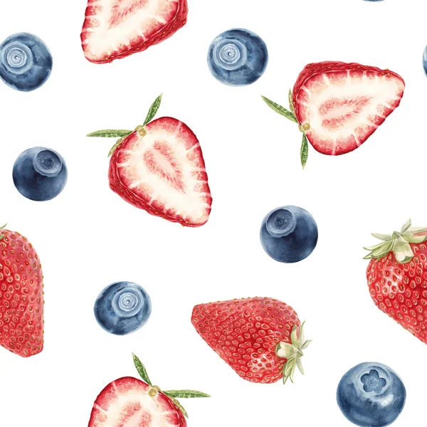 Aquarel aardbeien en bosbessen patroon — Stockfoto