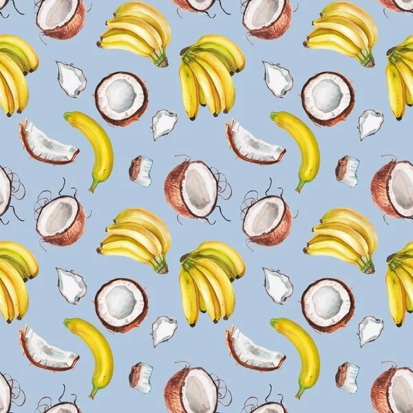 Akvarell banan och kokos mönster — Stockfoto