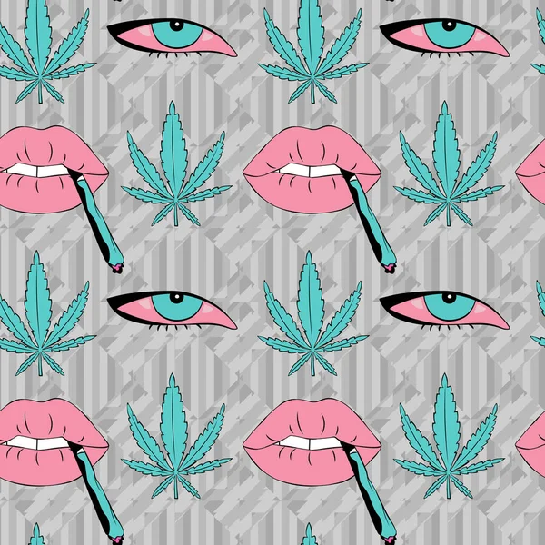 Patrón Vectorial Con Labios Ojos Hojas Cannabis — Vector de stock