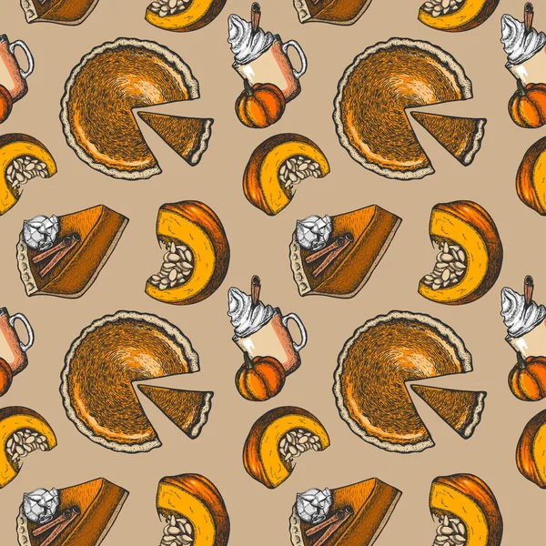 Motif Sans Couture Encre Vectorielle Avec Citrouilles Desserts Citrouille Sur — Image vectorielle