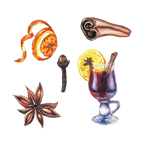 Watercolor mulled wine set — Stock Photo, Image