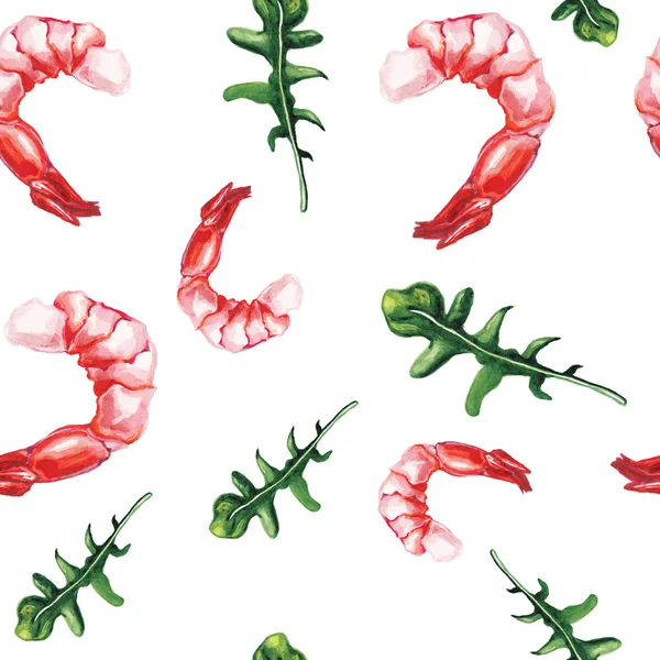 Watercolor shrimp and rucola pattern — Stock Photo, Image