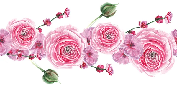 Akvarell rosa blommor prydnad — Stockfoto