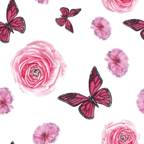 Watercolor pink flowers and butterfly pattern — Stock Photo, Image