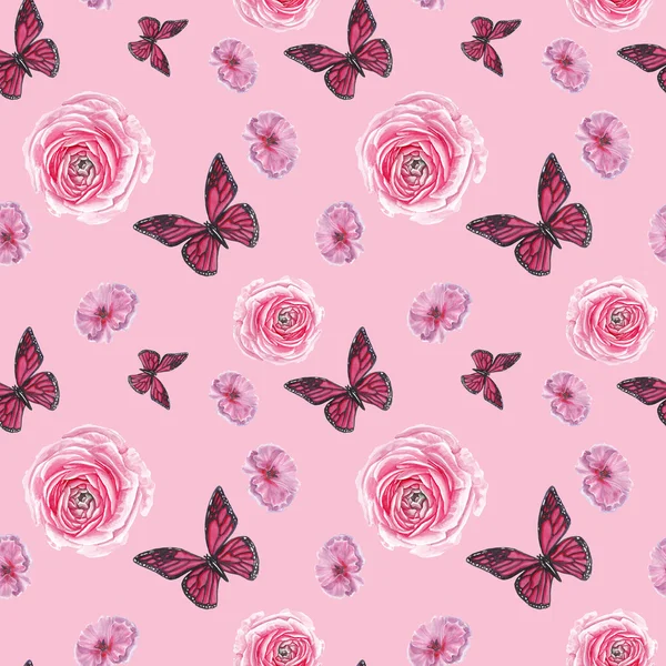 Akvarel růžové květiny a motýl vzorem — Stock fotografie