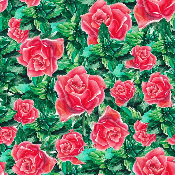 Watercolor rose and leafs pattern — Stock Photo, Image