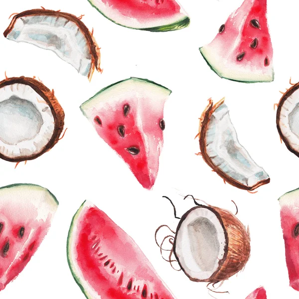 Aquarel watermeloen en kokos patroon — Stockfoto