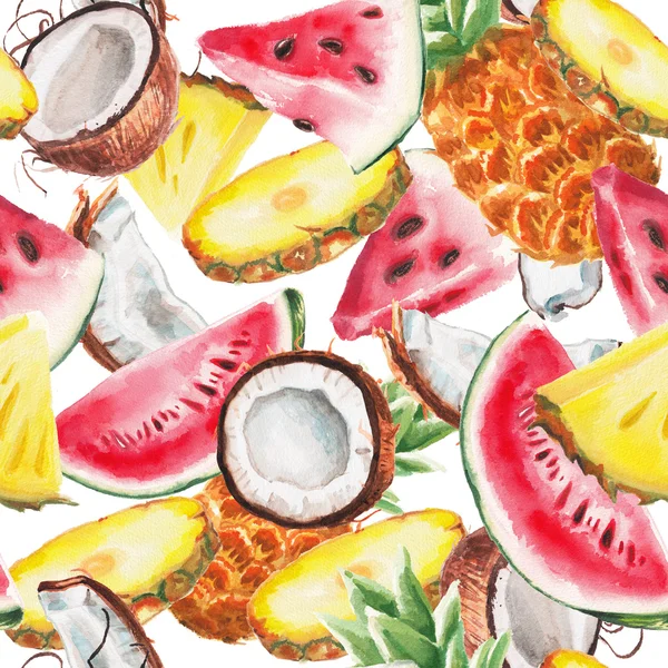 Aquarell Wassermelone, Ananas, Kokosnussmuster — Stockfoto