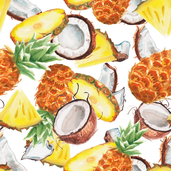 Aquarell Ananas und Kokosnussmuster — Stockfoto